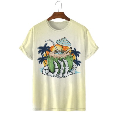 Summer Beach Coconut Tree and Hand Skull Print Short Sleeve T-Shirt