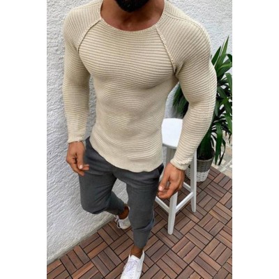 Mens Slim Long Sleeve Round Neck Knit Pullover Men