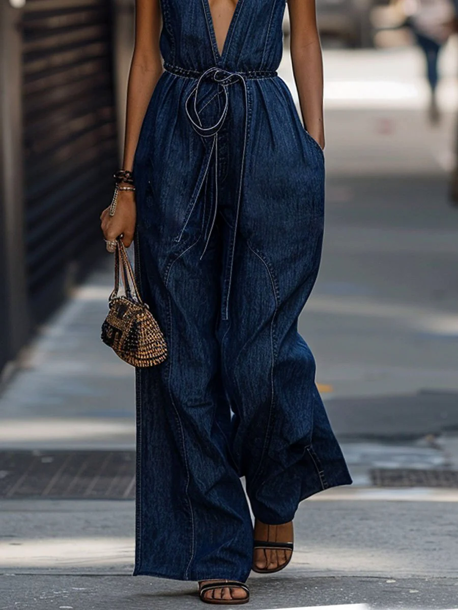 V-Neck Retro Casual Elastic Waist Sleeveless Wide-Leg Denim Jumpsuit
