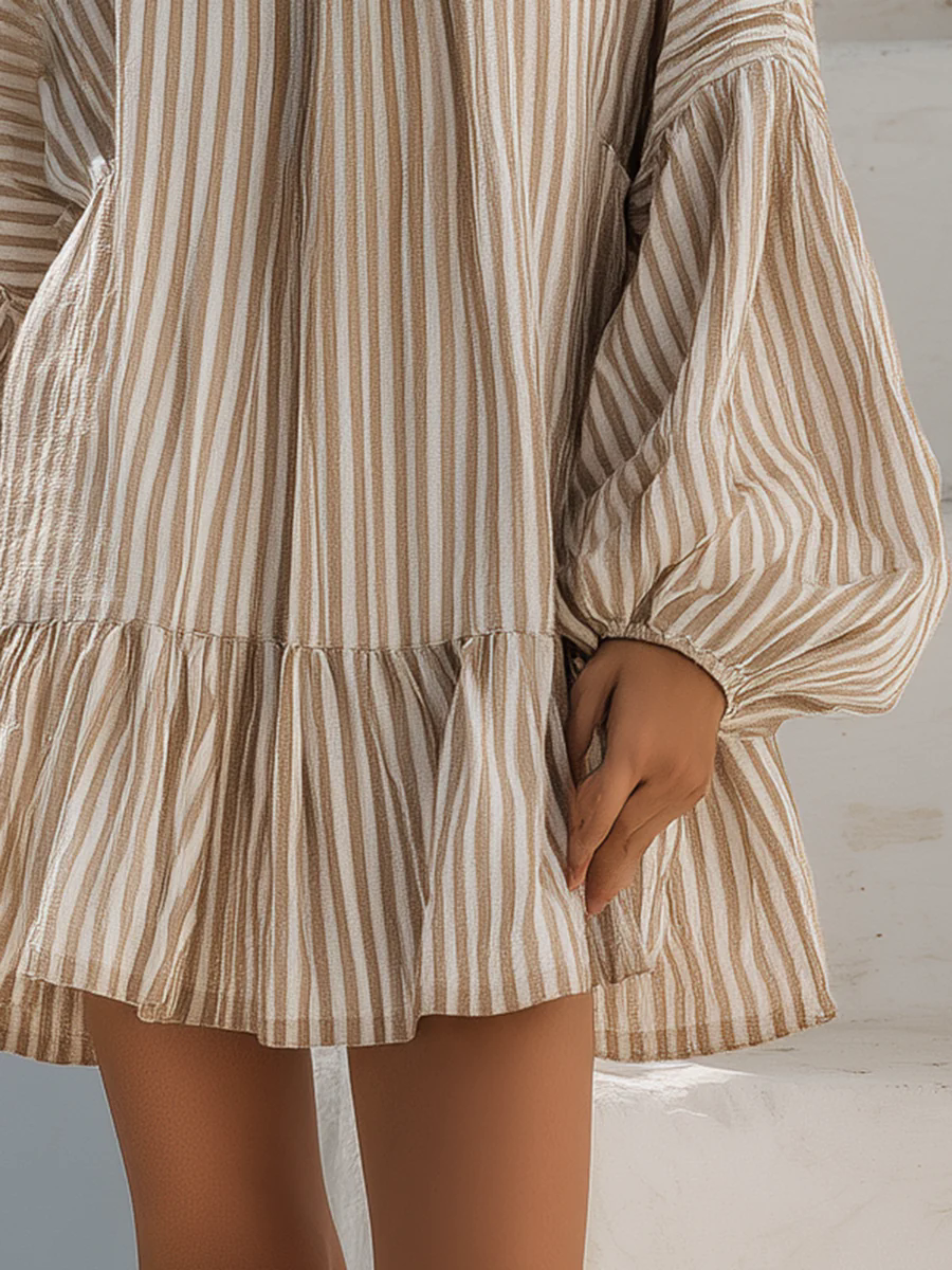 Casual Loose Vacation V-Neck Lantern Sleeve Vertical Striped Mini Dress