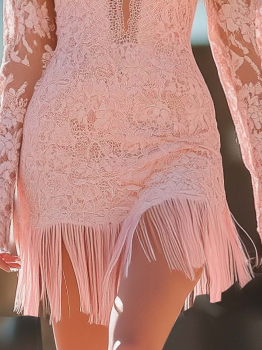 Fashion Western Spaghetti Strap Off-Shoulder Hem Tassel Pink Lace Mini Dress
