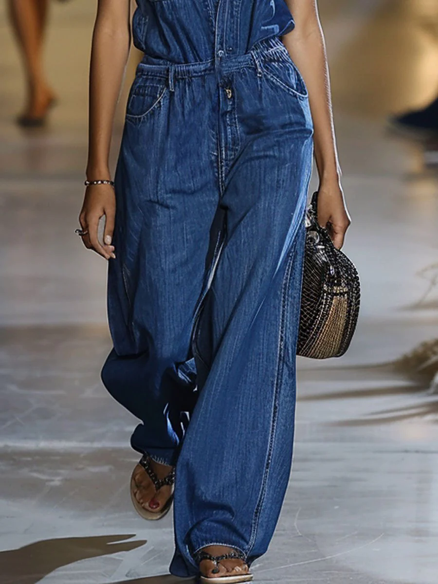 Casual Loose Elastic Waist Pocket Short Sleeve Shirt Denim Wide Leg Jumpsuit