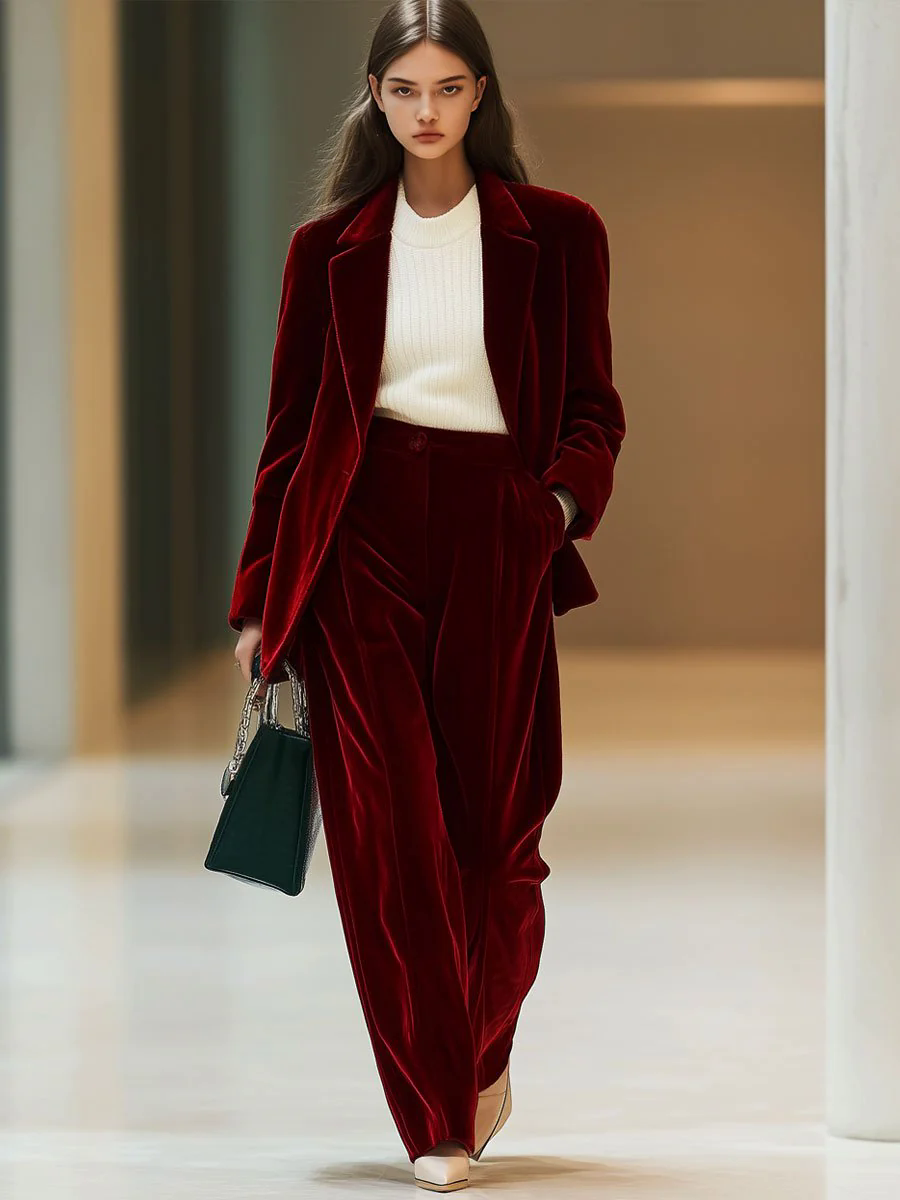 Casual Loose Retro Solid Velvet Pocket Blazer