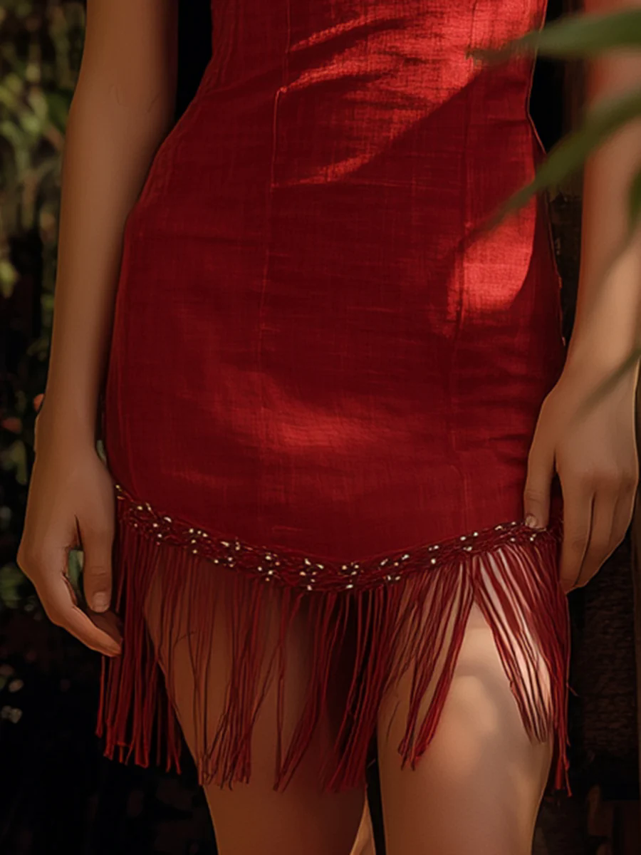 Simple Western Style Tassel Splicing Red Sleeveless Cotton And Linen Mini Dress