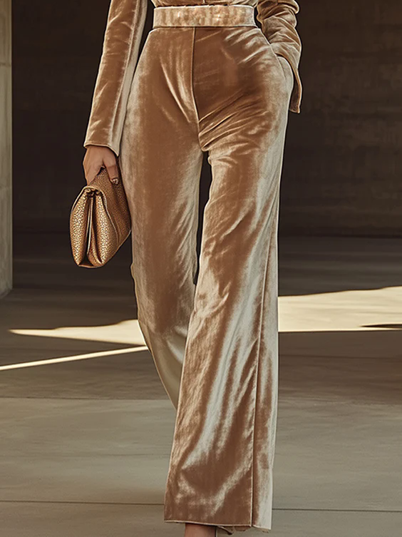 Fashionable High-End Lapel Velvet Champagne Long-sleeved Jumpsuit