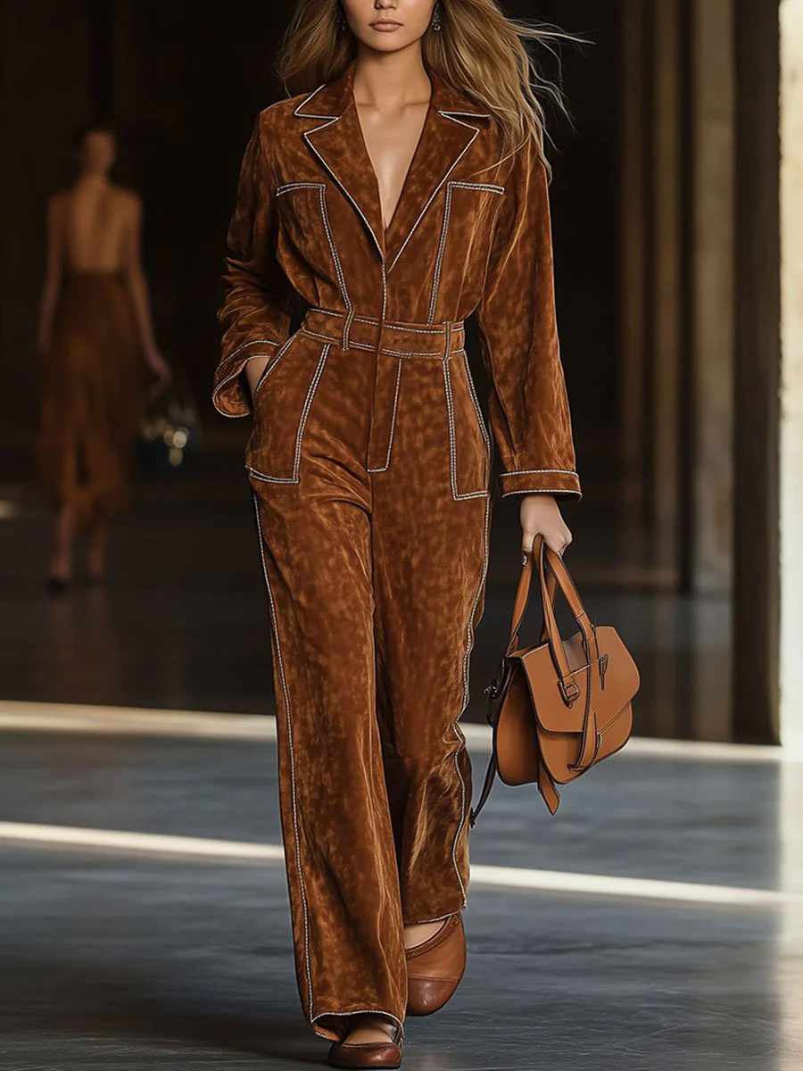 Casual Loose Vintage Exposed Pocket Long Sleeve Suede Jumpsuit