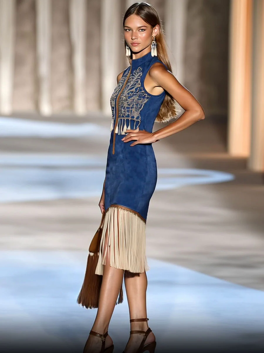 Vintage Bohemian Suede Embroidered Zipper Tassel Sleeveless Mini Dress