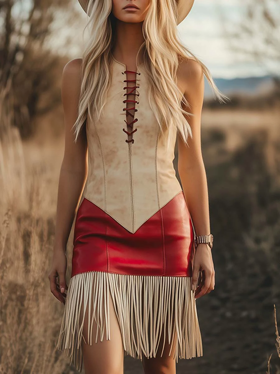 Elegant Retro Western Contrast Fringe Sleeveless Mini Dress