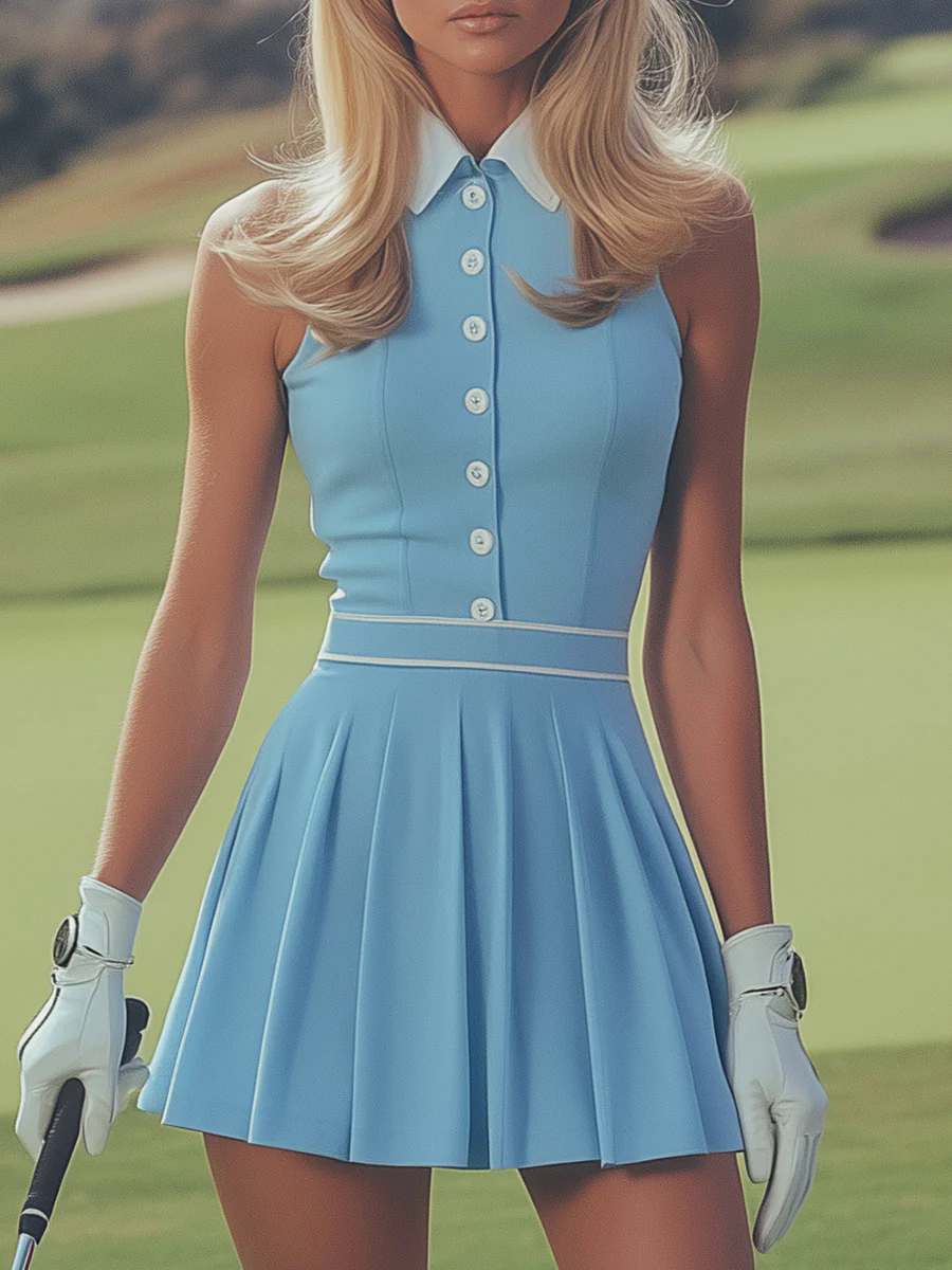 Elegant Sports White Button Detail Baby Blue Sleeveless Mini Dress