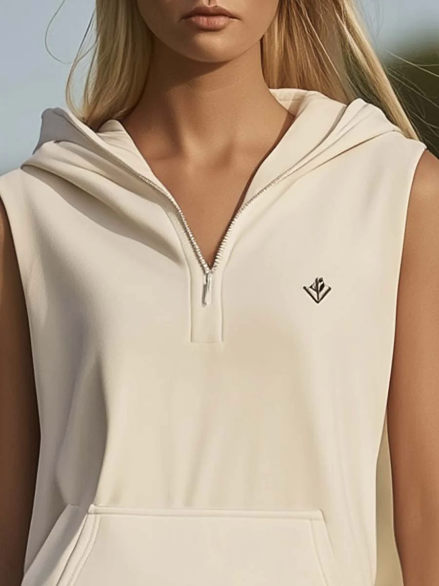 Fashionable Breathable Sporty Off-White Sleeveless Hoodie And Pleated Skirt Set