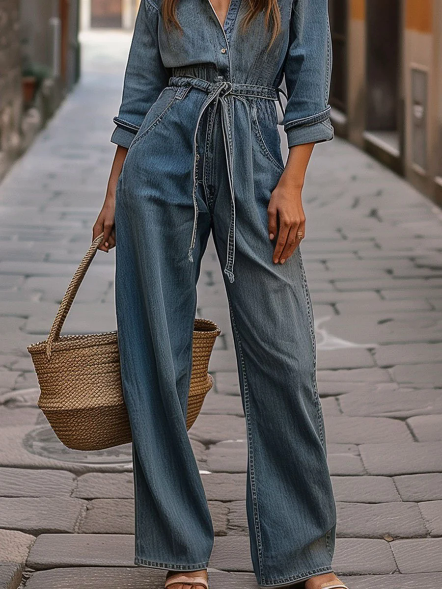 Casual Loose Pocket Retro Belted Long Sleeve Denim Jumpsuit