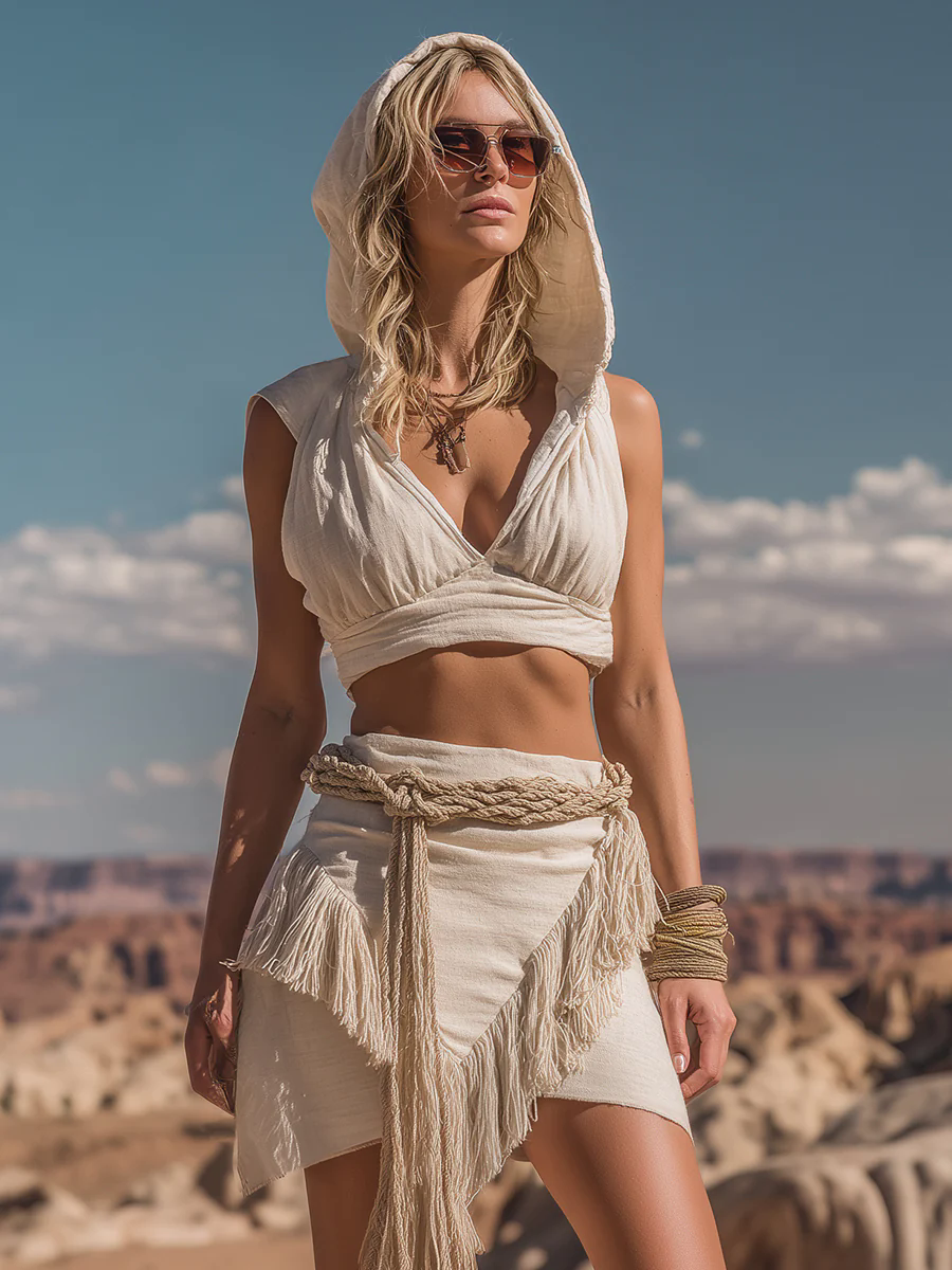 Retro And Fashionable Wasteland Style Hooded Top Tassel Skirt Beige Cotton And Linen Suit