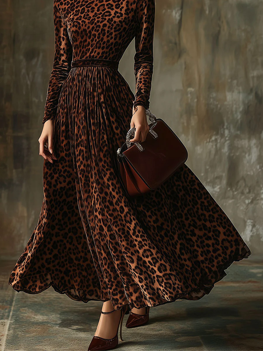 Casual Vintage Velvet Leopard Print Round Neck Maxi Dress