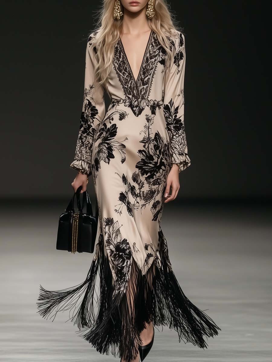 Elegant Bohemian Style V-neck Tassel Floral Print Beige Satin Maxi Dress