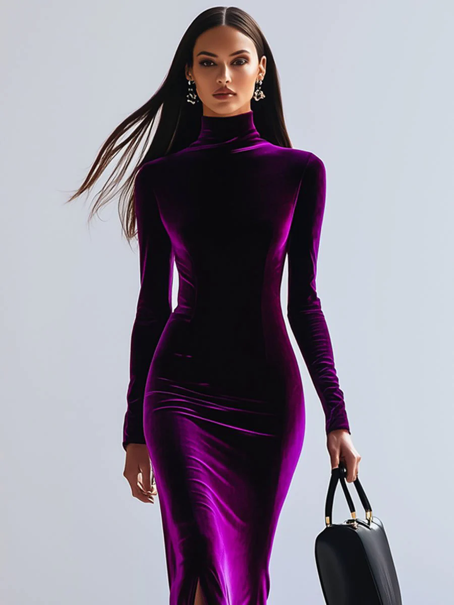 Fashion Retro High Collar Long Sleeve Purple Velvet Slit Maxi Dress