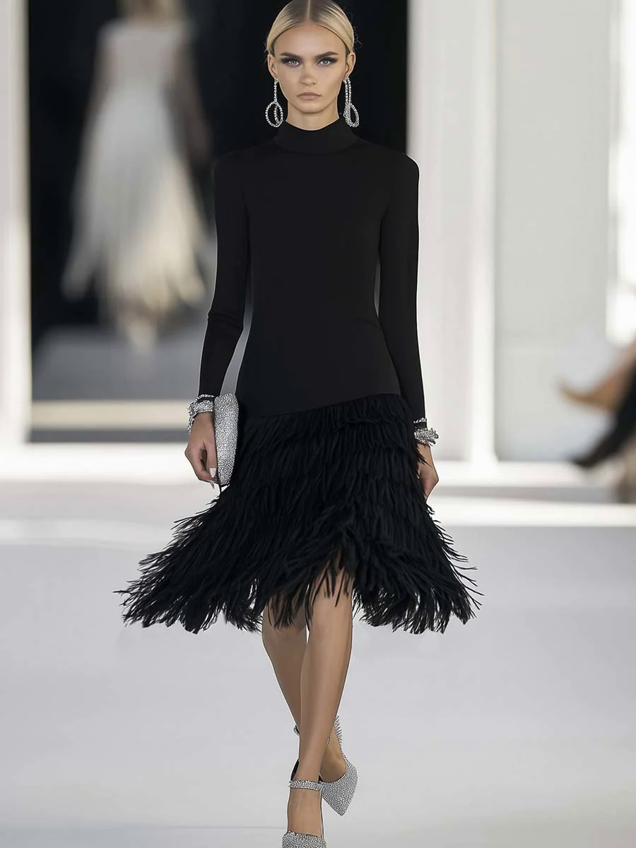 Elegant and Fashionable Half-high Collar Feather Hem Stitching Black Midi Dress