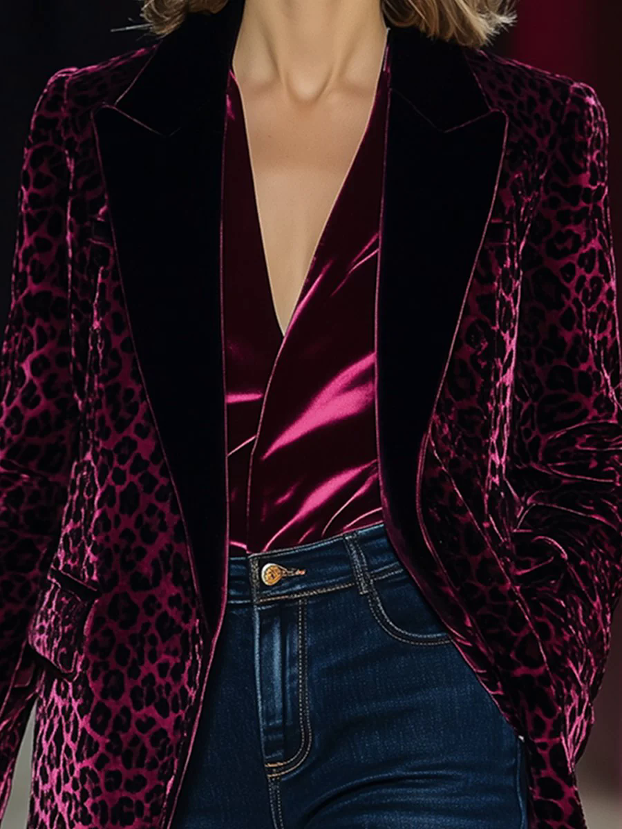 Fashionable Retro Luxury Solid Color Velvet Stitching Leopard Print Lapel Blazer