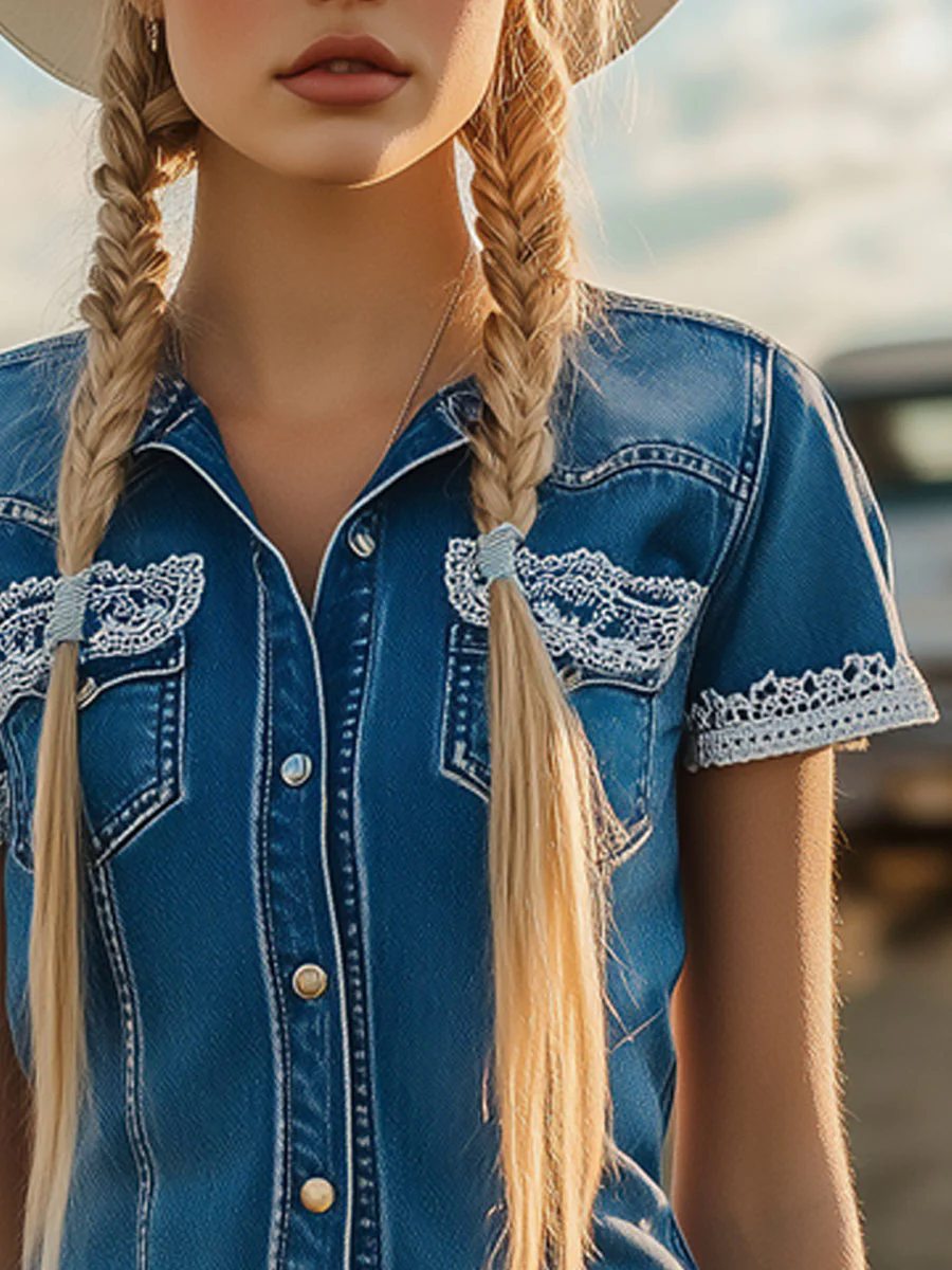 Western Retro Blue Denim Lace Short Sleeve Shirt