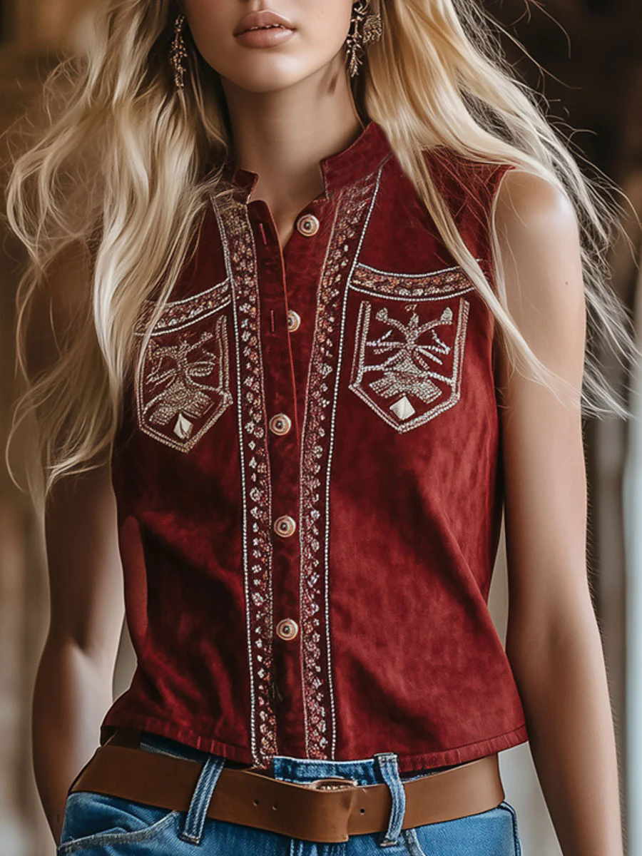 Western Vintage Burgundy Suede Bohemian Embroidered Sleeveless Vest