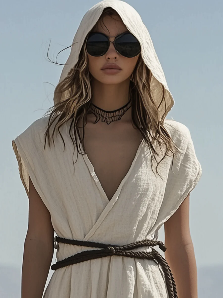 Fashionable Wasteland Style Sleeveless Hooded Braided Belt Beige Cotton And Linen Maxi Dress