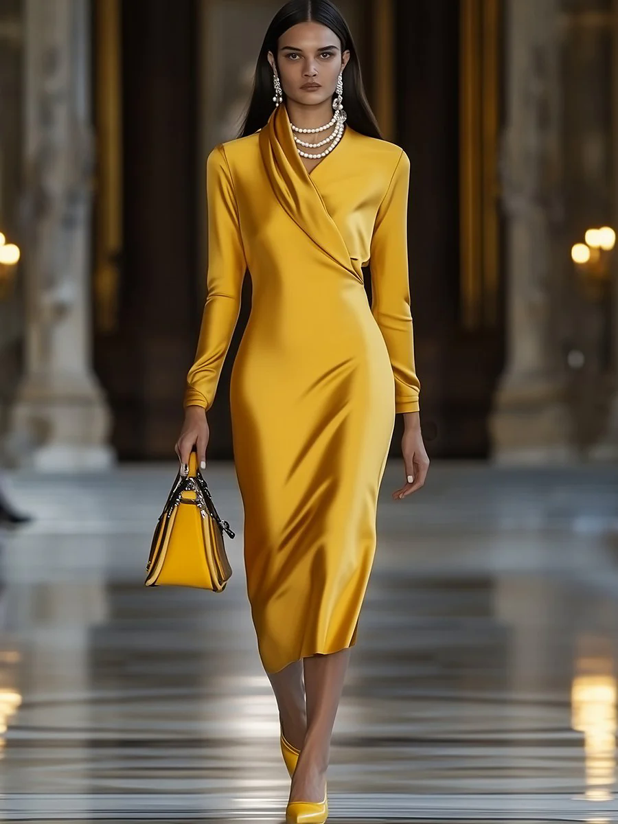 Fashion Vintage Gold Satin Long Sleeve Midi Dress