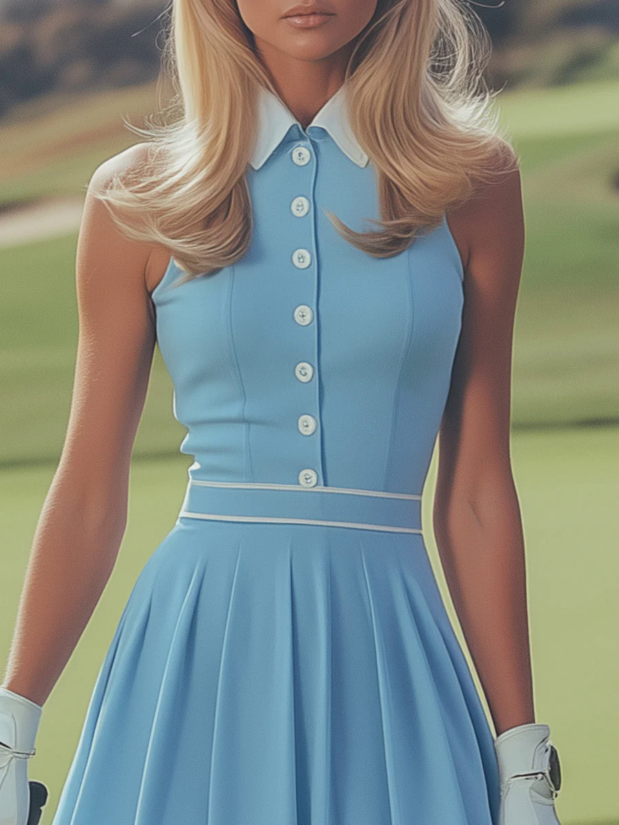 Elegant Sports White Button Detail Baby Blue Sleeveless Mini Dress