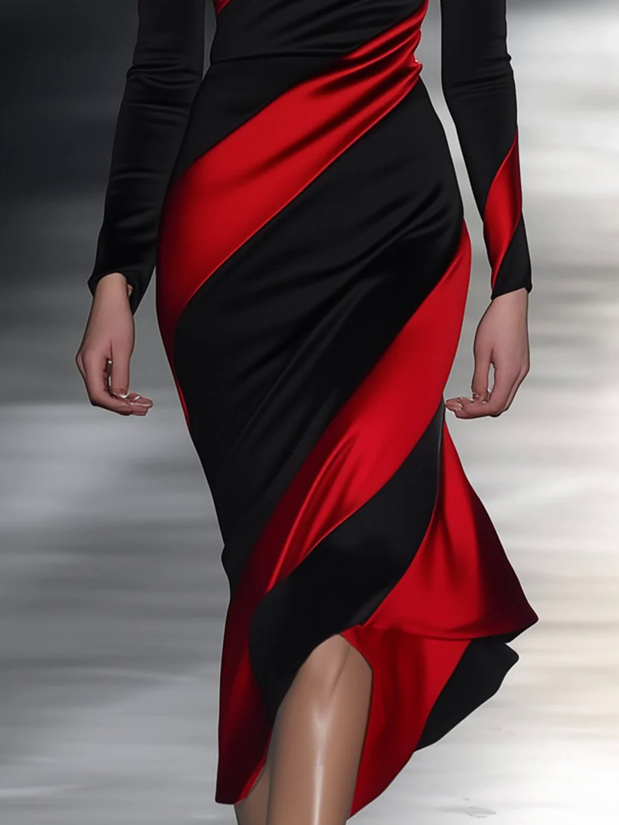 Elegant and Personalized Off-shoulder Black and Red Oblique Contrast Midi Dress