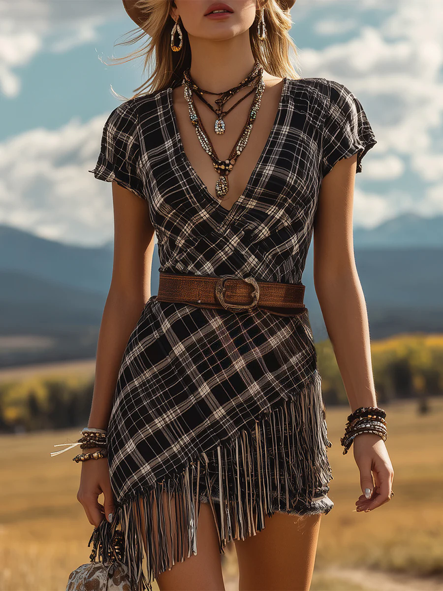 Women's Black And White Plaid Short-sleeved V-neck Irregular Hem Stitching Tassel Dress