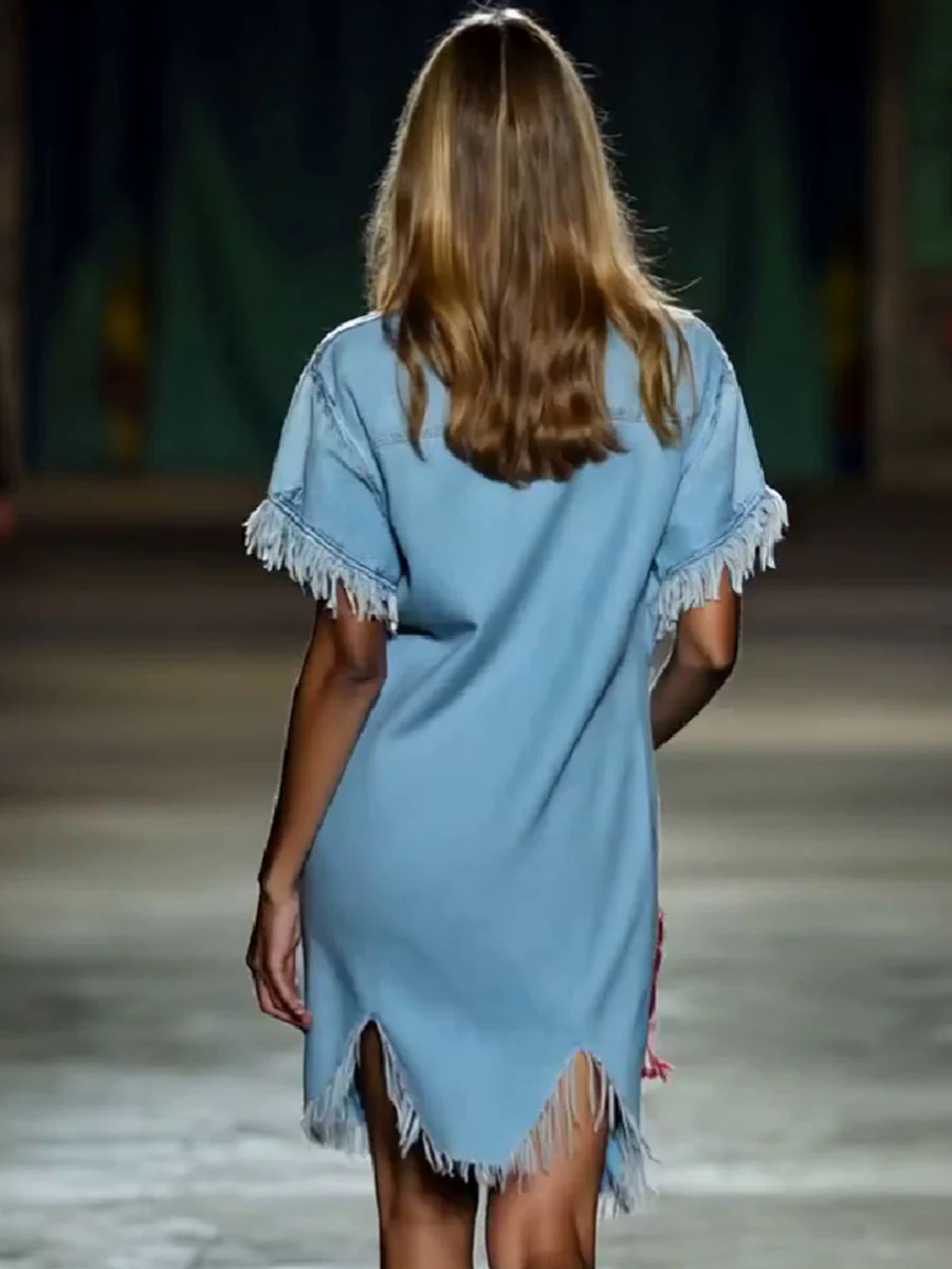 Casual Loose Vintage Denim Short Sleeve Shirt Tassel Mini Dress