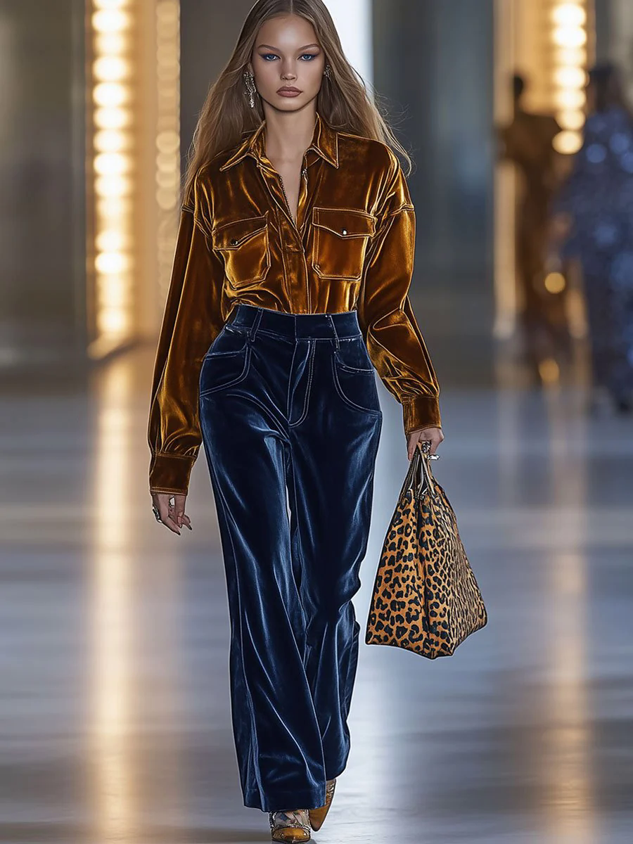 Casual Loose Retro Pocket Solid Velvet Long Sleeve Blouse