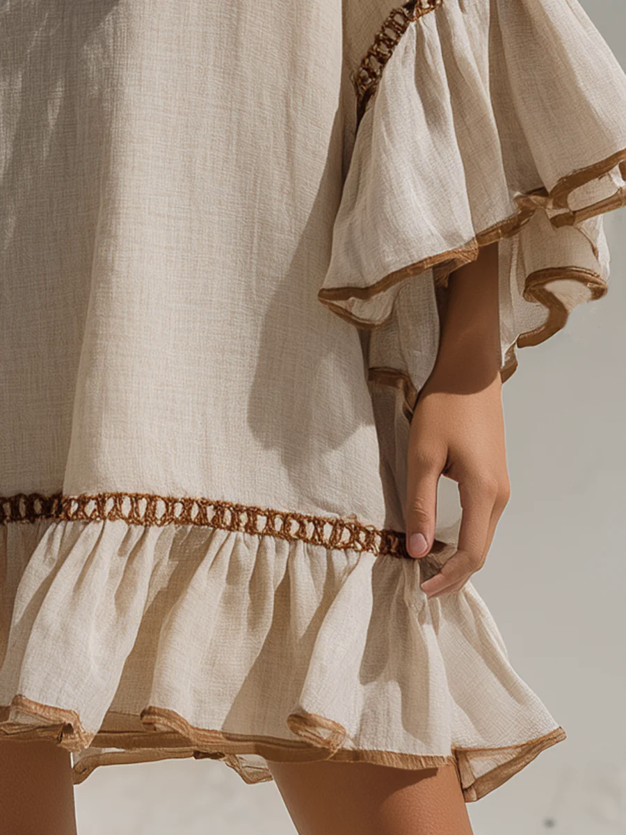 Lightweight Breathable Cotton And Linen Ruffled Long Sleeve V-neck Holiday Mini Dress