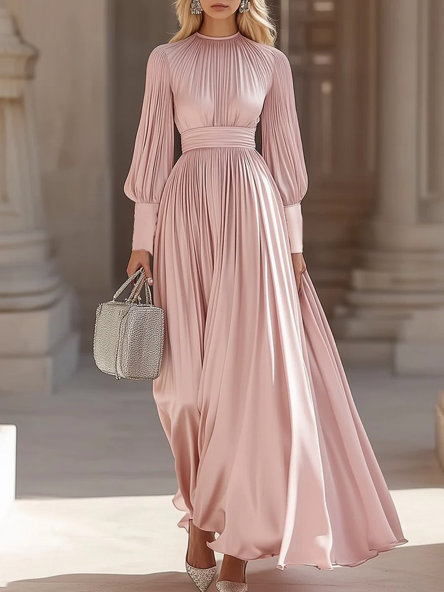 Fashionable And Elegant High-End Pleated Satin Maxi Dress