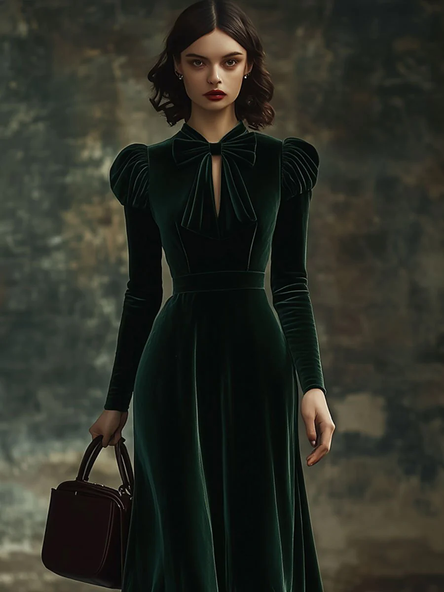 Fashion Party Solid Color Velvet Stand Collar Bowknot Long Sleeve Maxi Dress