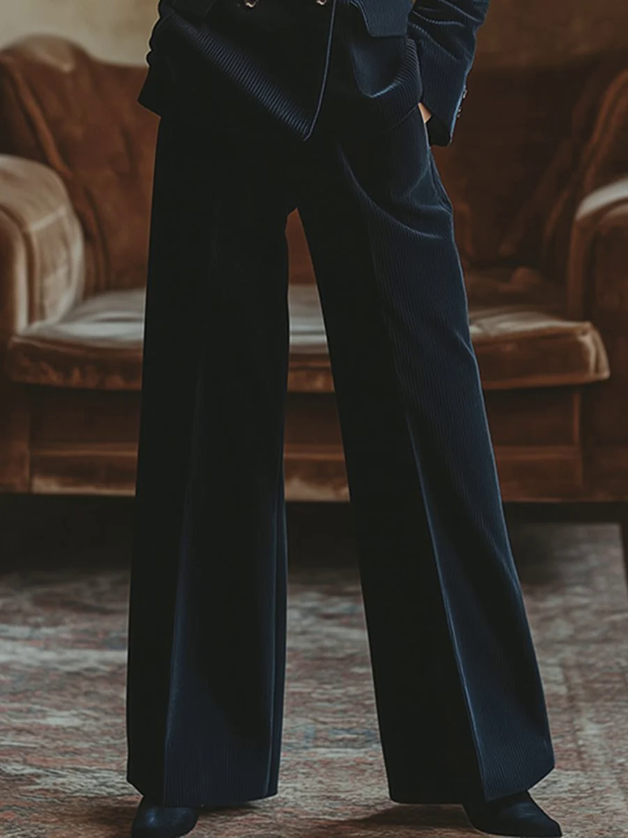 Retro Fashion Navy Lapel Corduroy Double-breasted Blazer and Wide-leg Pants Two-piece Set