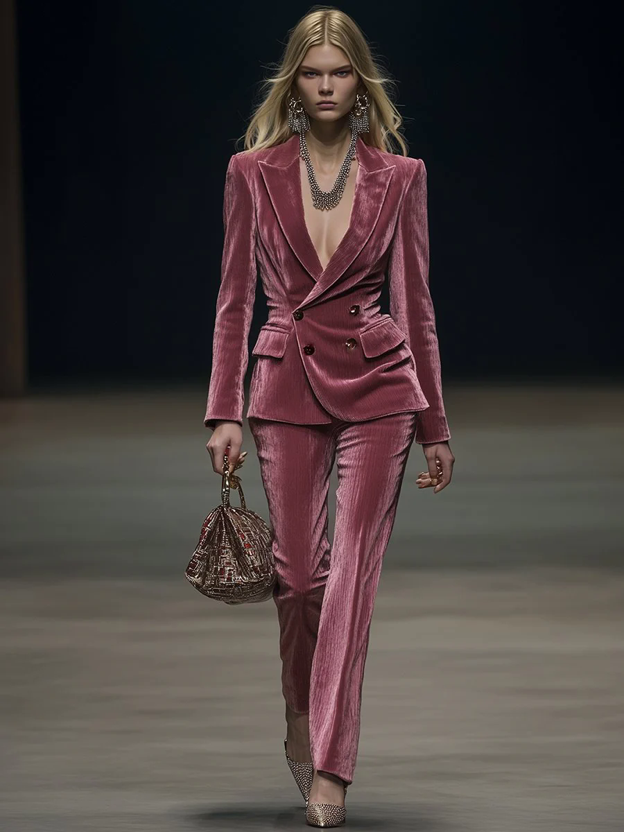 Vintage Elegant Rose Pink Velvet Suit