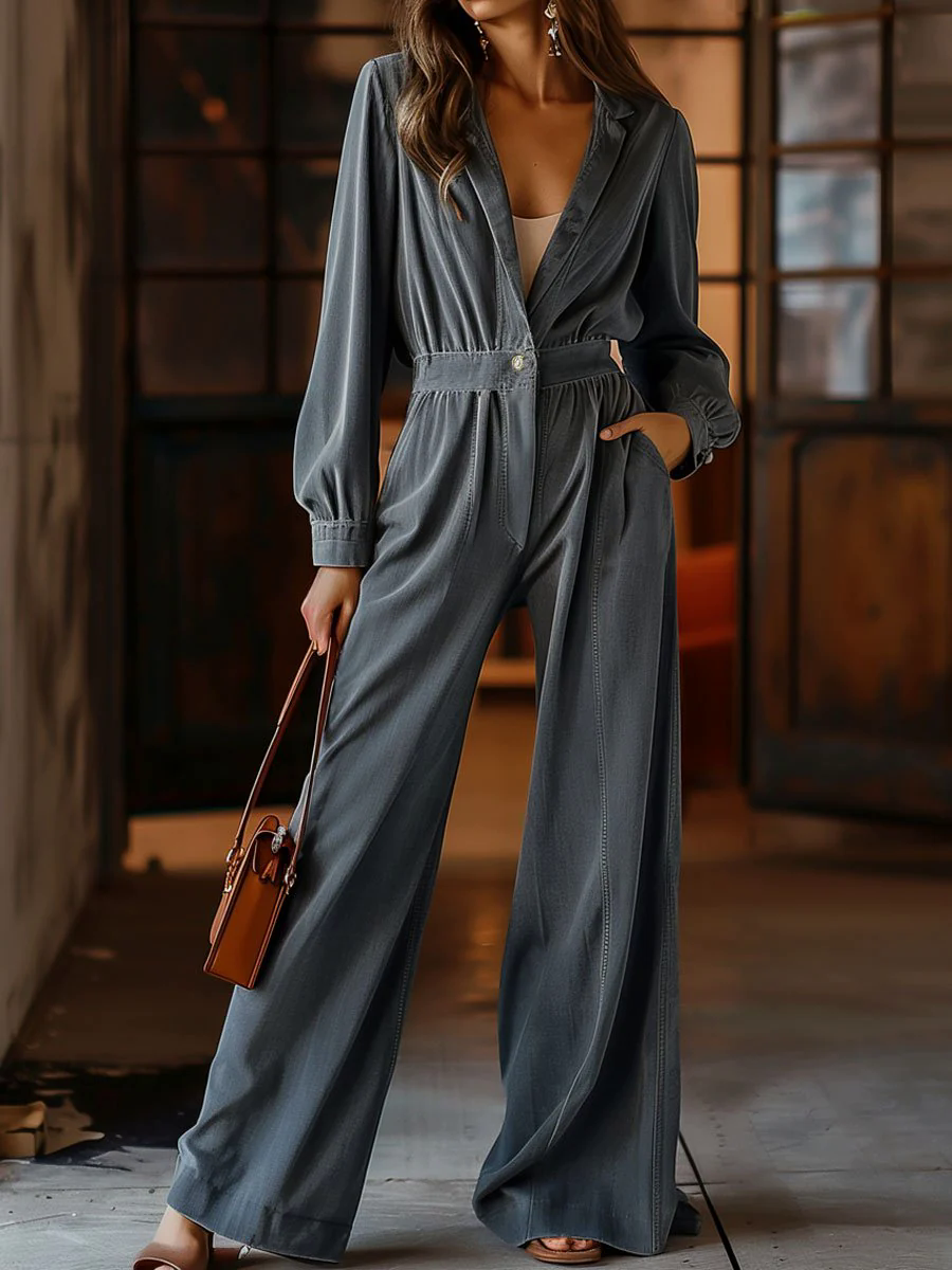 Casual Retro Pocket Denim Long Sleeve Wide Leg Jumpsuit