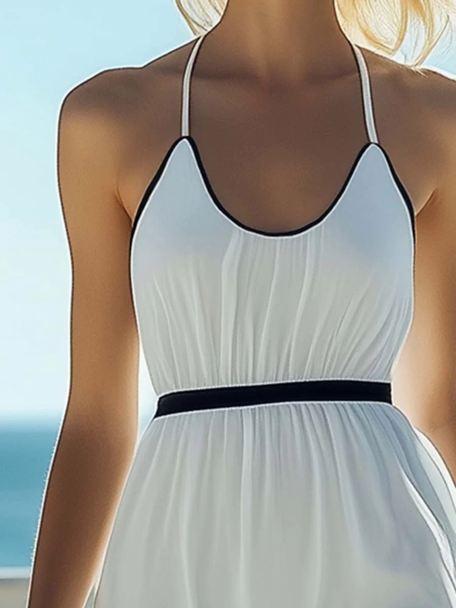 Classic Elegant Black Trim White Chiffon Summer Mini Dress