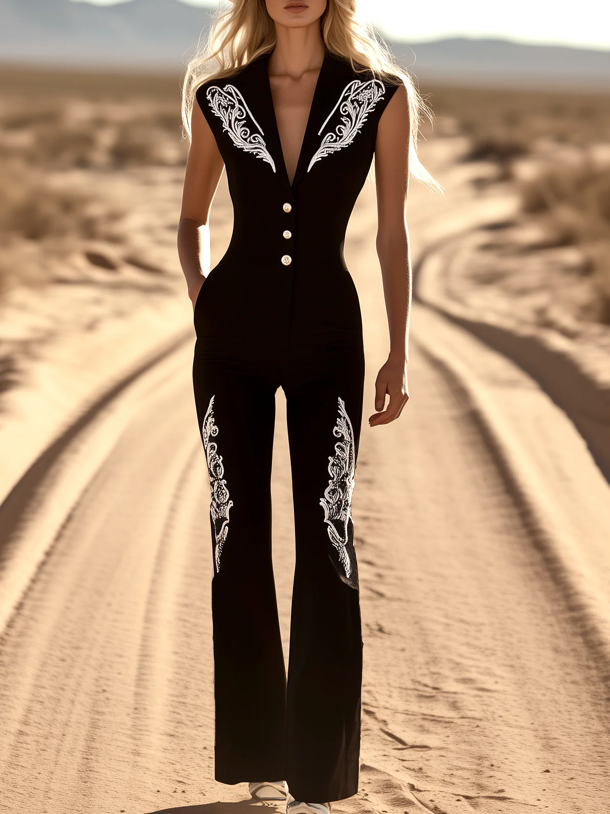 Vintage Western Embroidered Sleeveless Wide Leg Jumpsuit