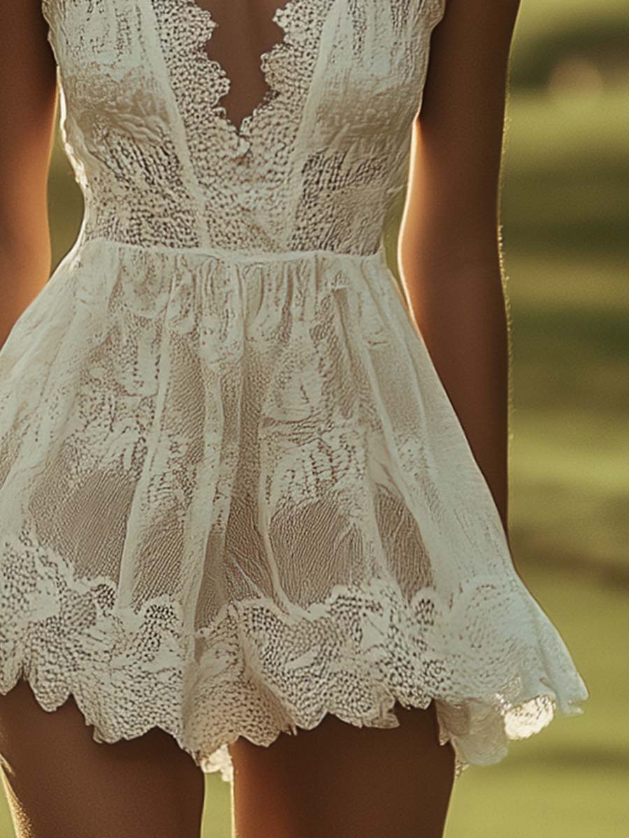Elegant Breathable Sporty V-Neck White Lace Tennis Mini Dress