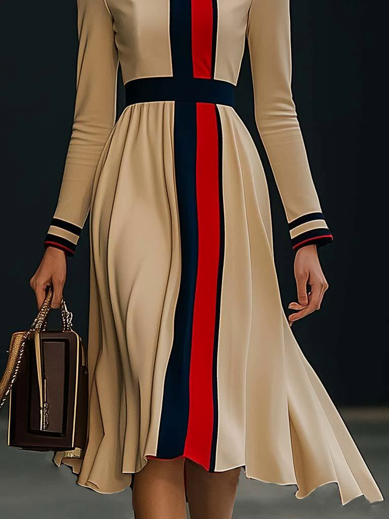 Elegant Colorblock Long Sleeve Midi Dress