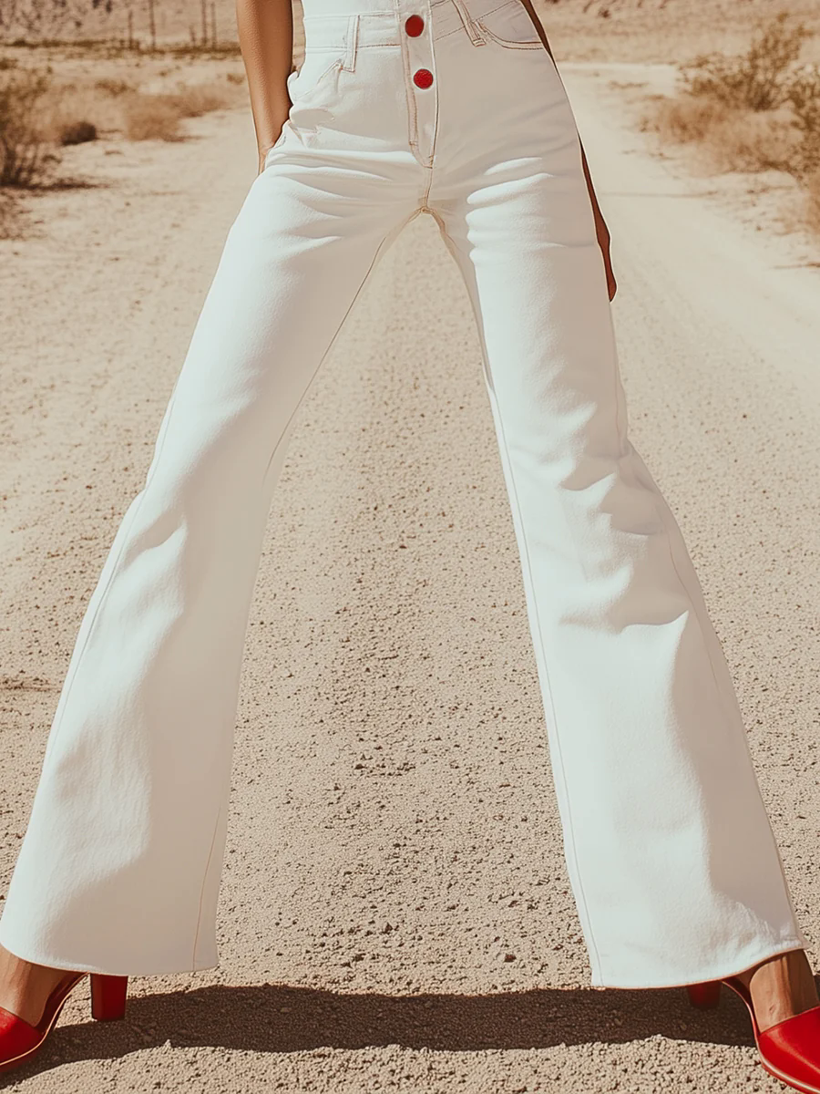 Retro And Fashionable Star Embroidery Sleeveless Stand Collar Flared White Jumpsuit