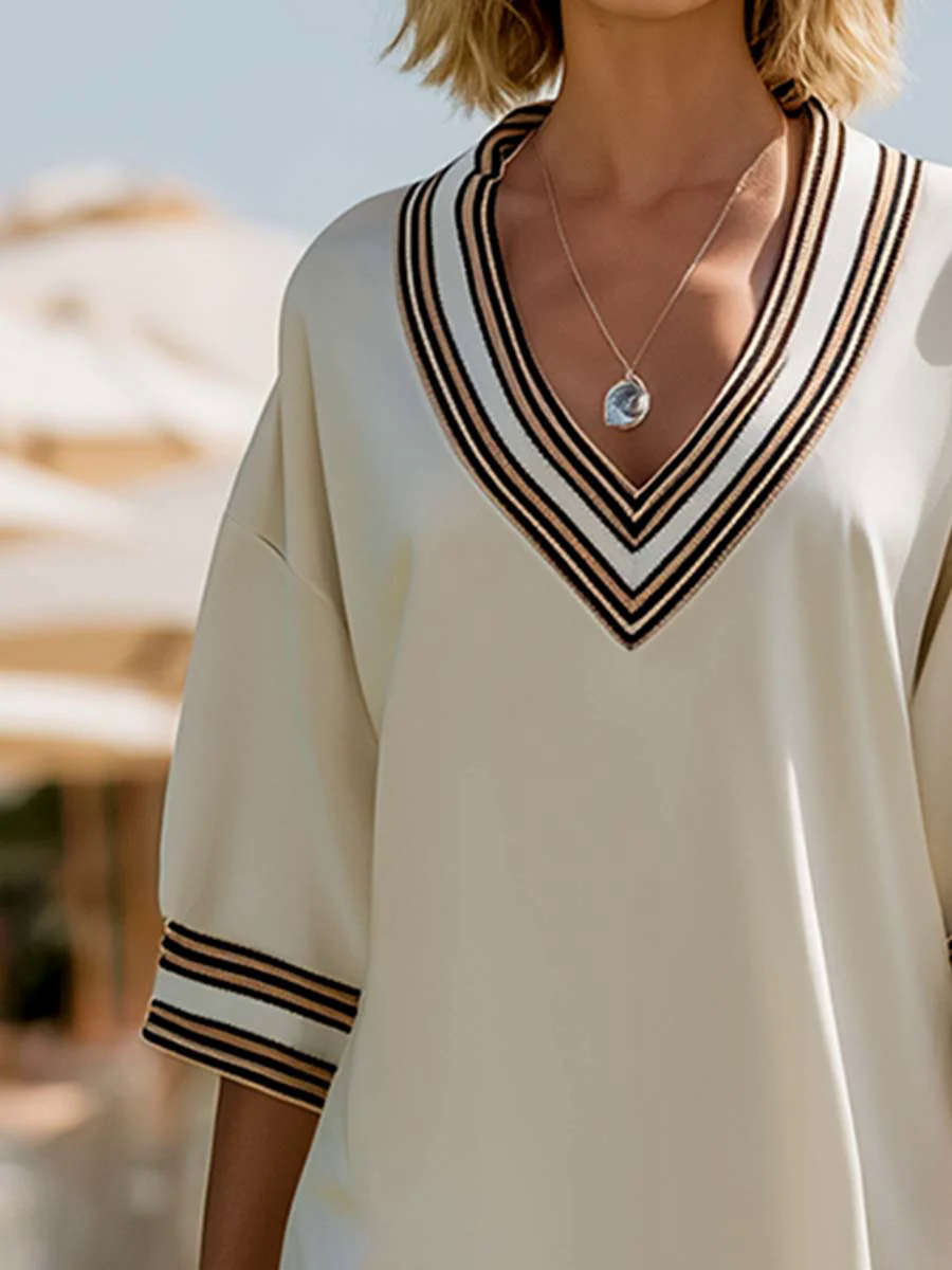 Casual Everyday Ivory Beige Stripe Trim Mid Sleeve Everyday Mini Dress