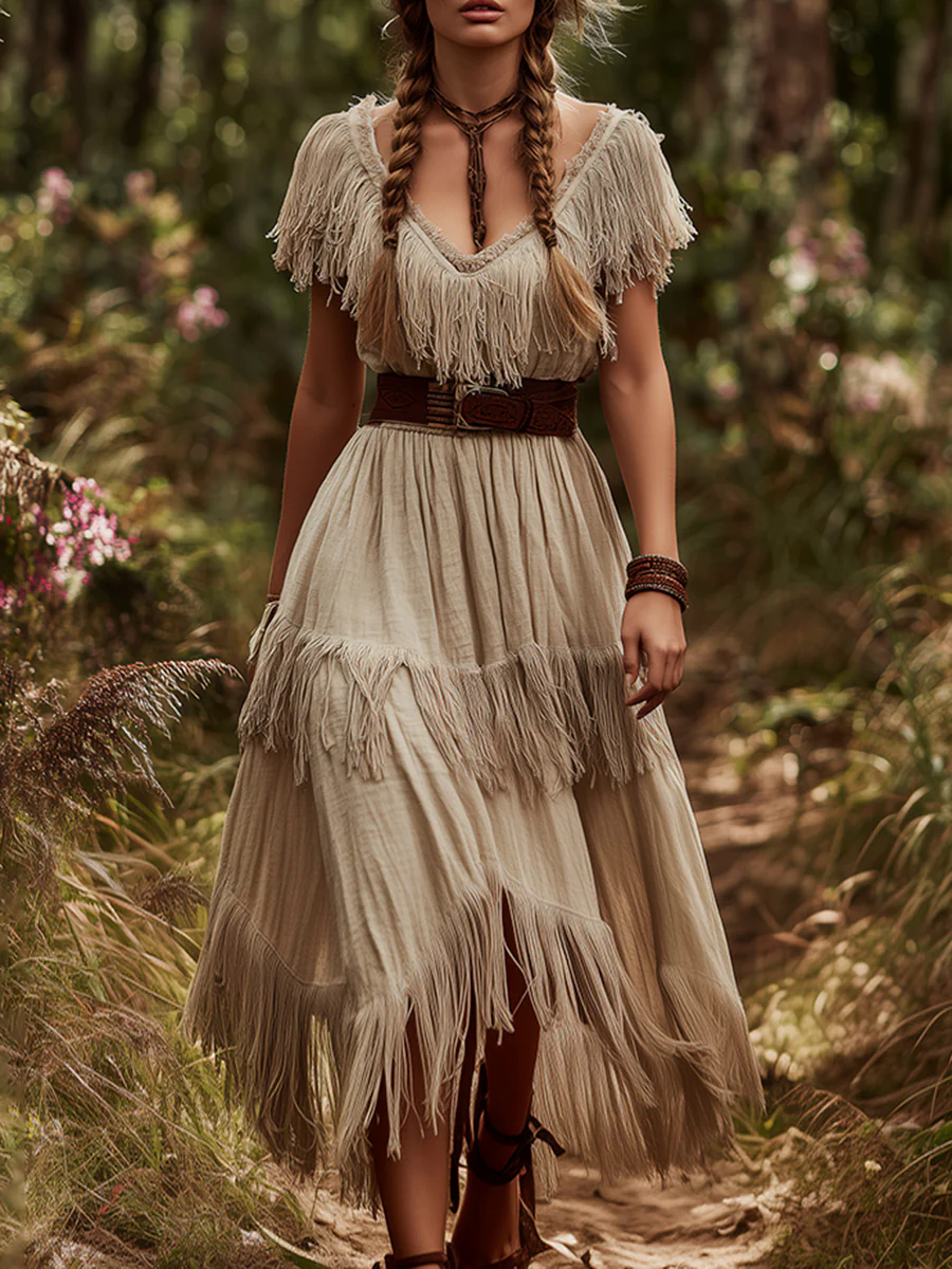 Retro Western Style Tassel Splicing Khaki Cotton And Linen Midi Dress