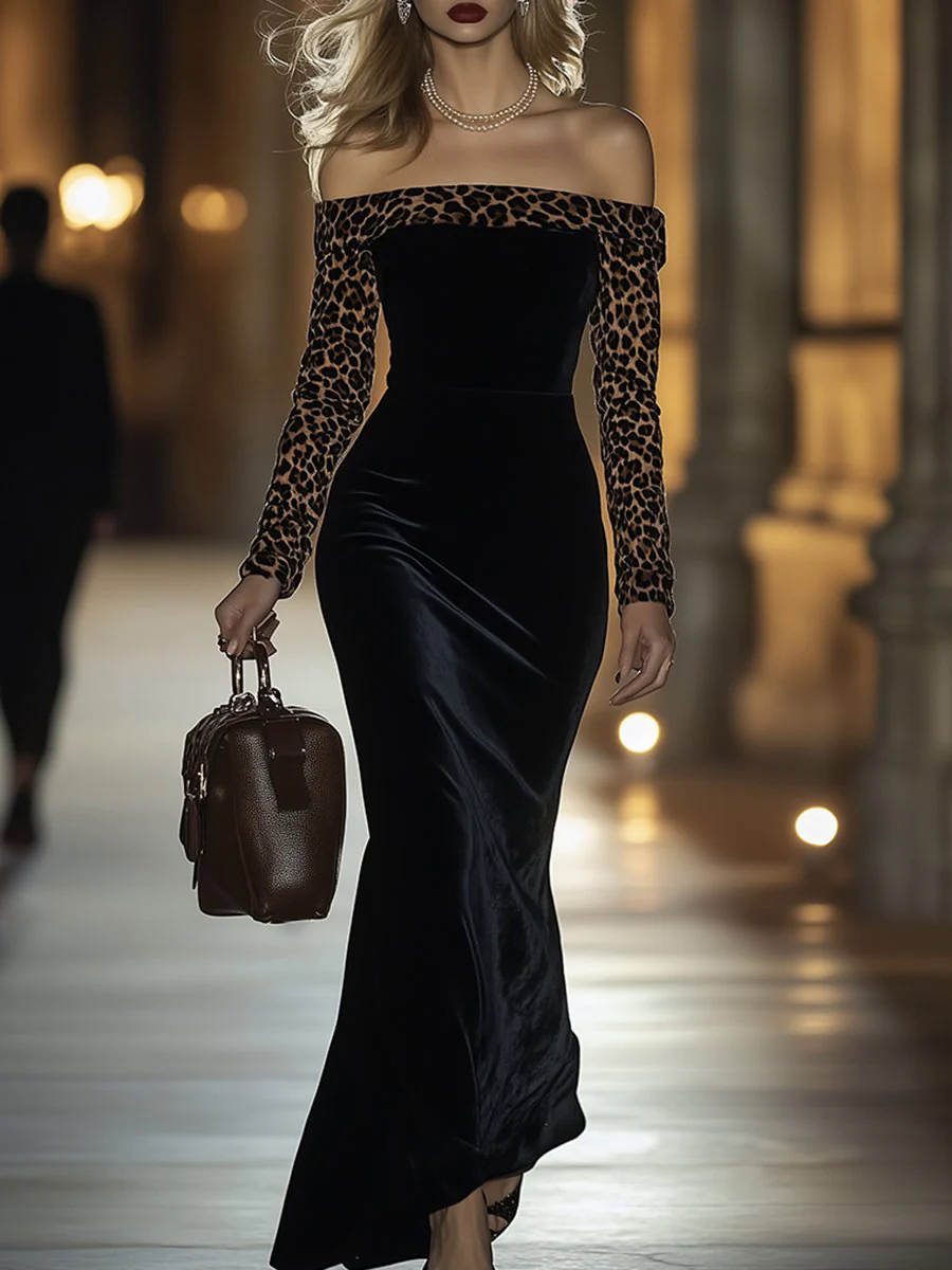 Retro Elegant High-End One-Shoulder Leopard Print Velvet Dress