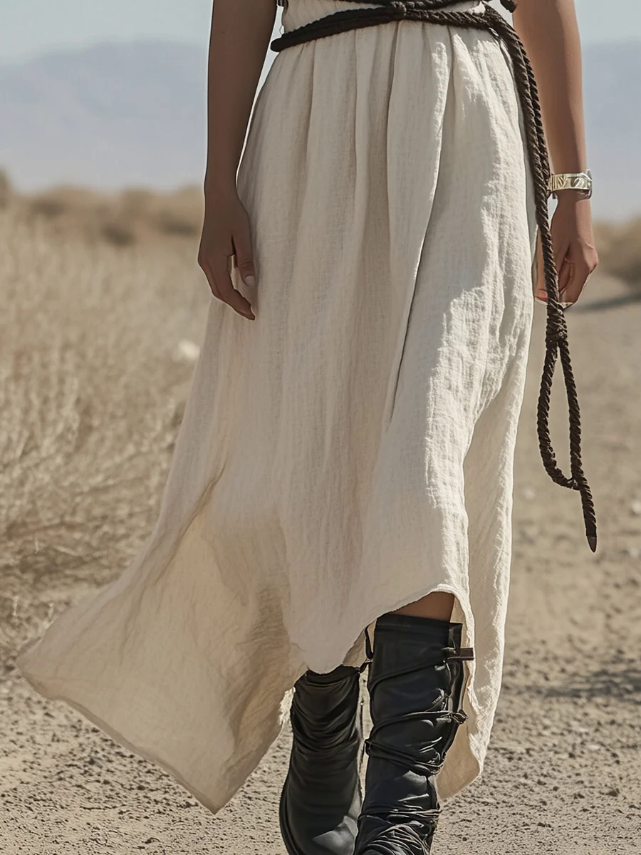 Fashionable Wasteland Style Sleeveless Hooded Braided Belt Beige Cotton And Linen Maxi Dress