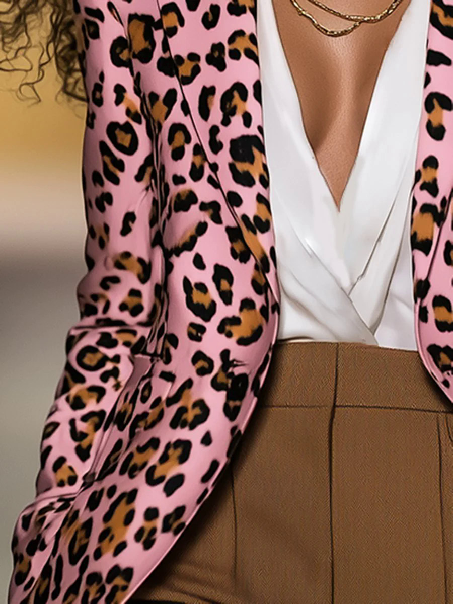 Casual Loose Vintage Satin Leopard Print Lapel Blazer