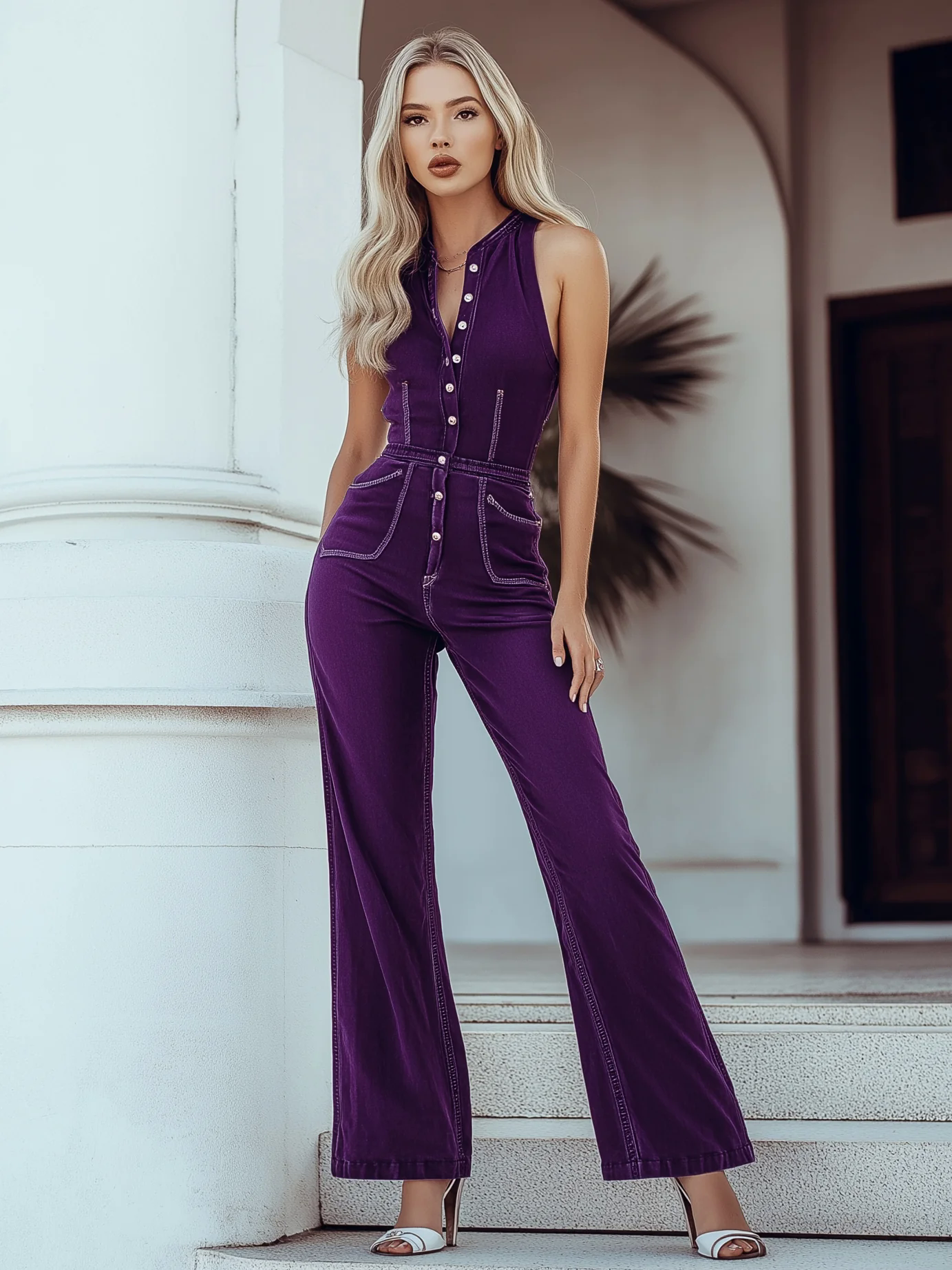 Mysterious Vintage Purple Denim Sleeveless Wide Leg Jumpsuit