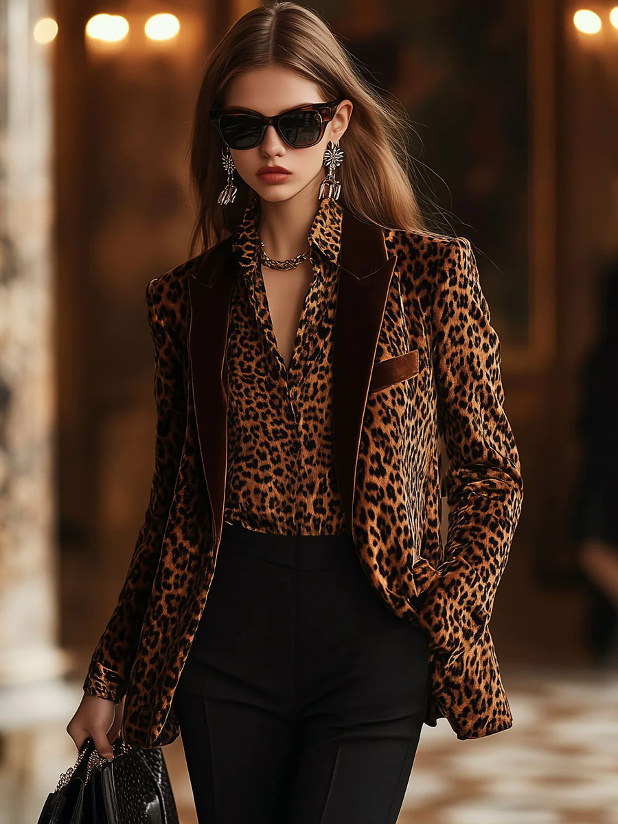 Casual Loose Retro Velvet Leopard Print Lapel Blazer