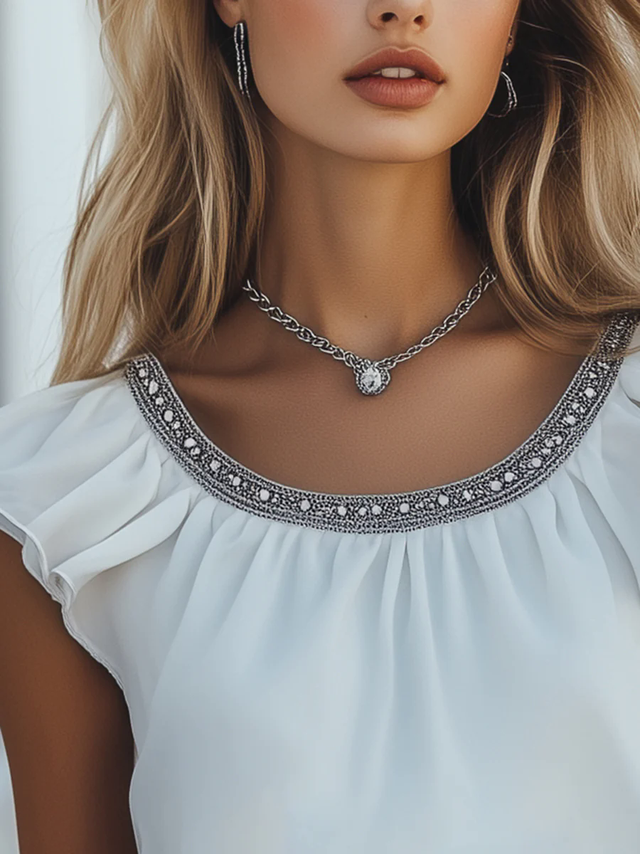 Elegant And Romantic Silver Neckline Lotus Sleeve Chiffon Top