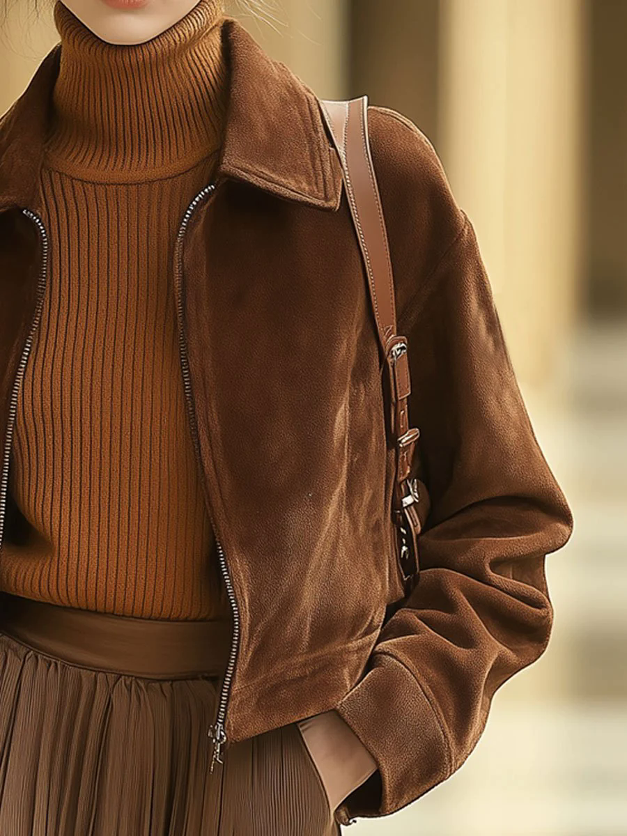 Casual Loose Solid Color Suede Zipper Pocket Short Jacket